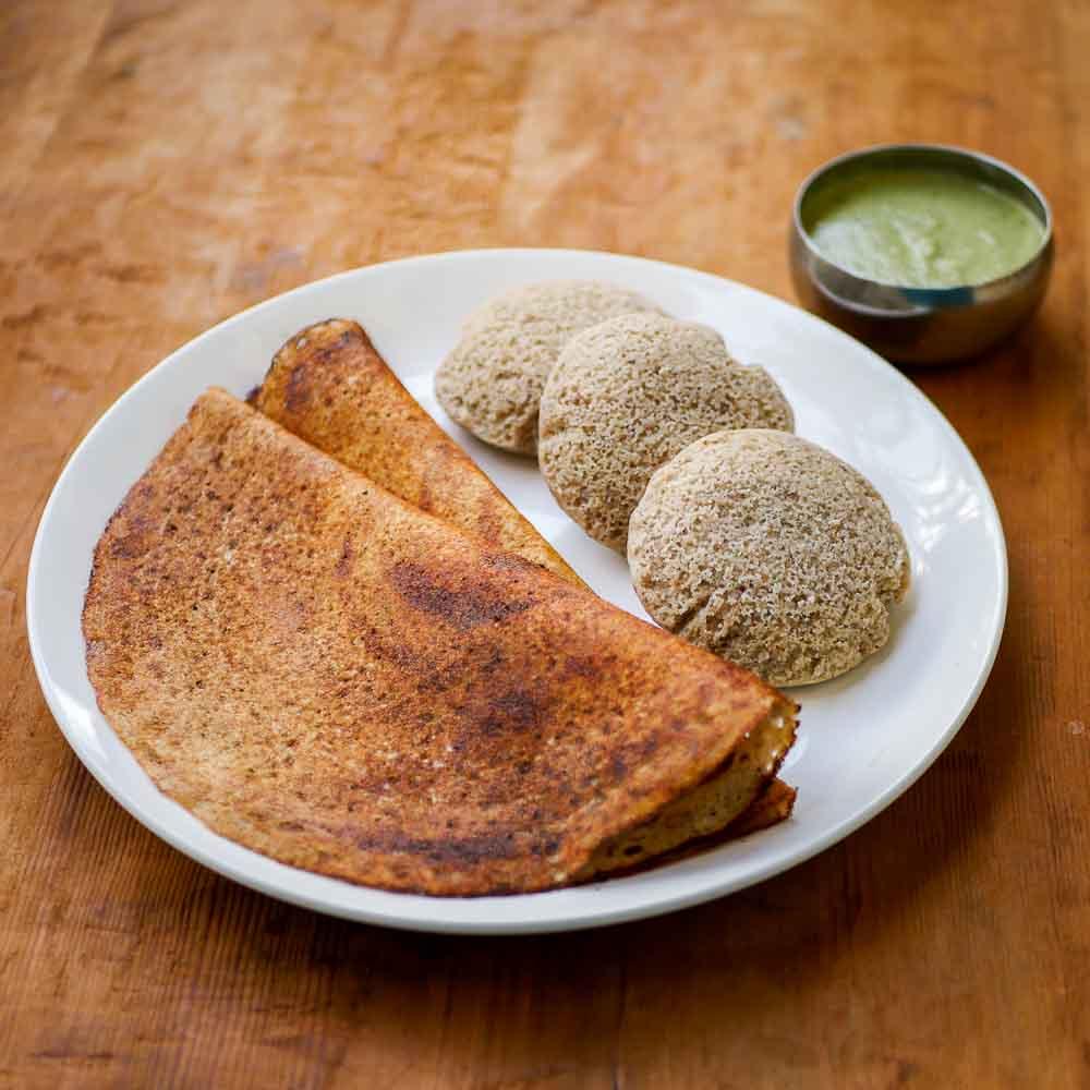 Millet dosa and idli served with fresh chutney
