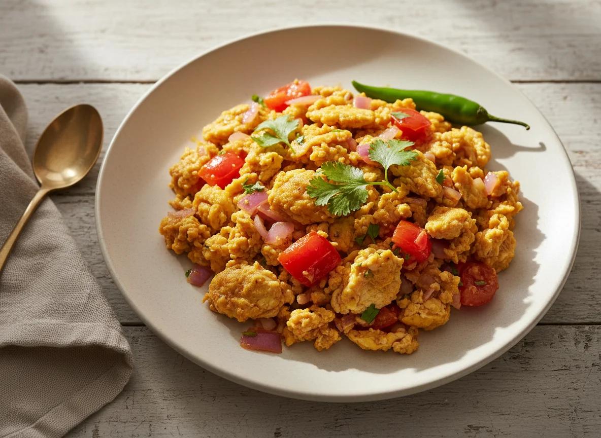 Protein-rich egg dish with tomato, onion and coriander